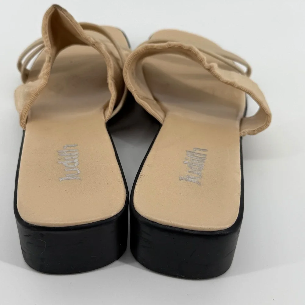 Vintage Y2K Tan Ribbed Fabric Wedge Slide On Stretch Strap Sandals Women Size 9M